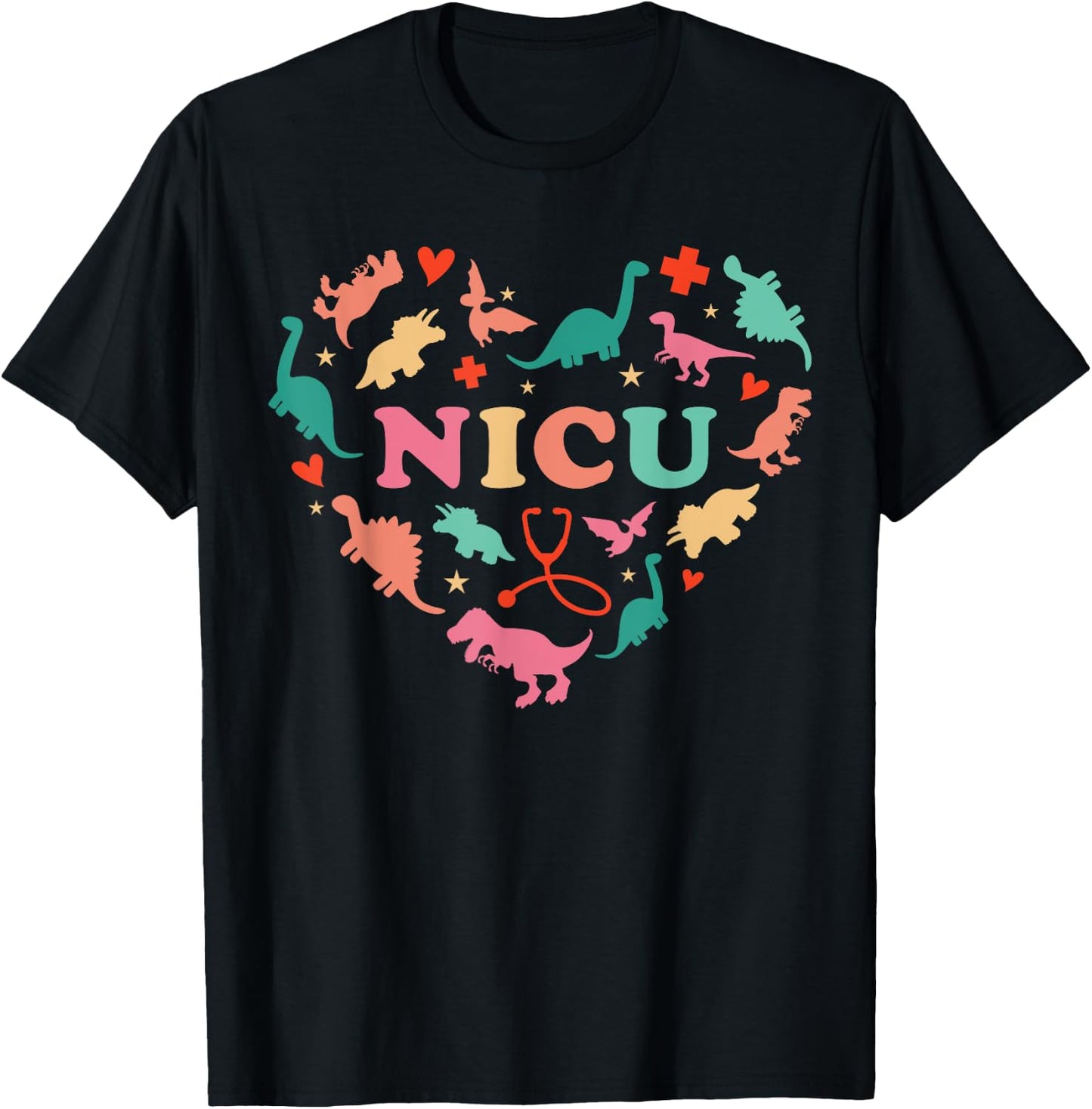 NICU Nurse Cute Colorful Dinosaur Heart Nurse Appreciation T-Shirt - T-Shirt | Black