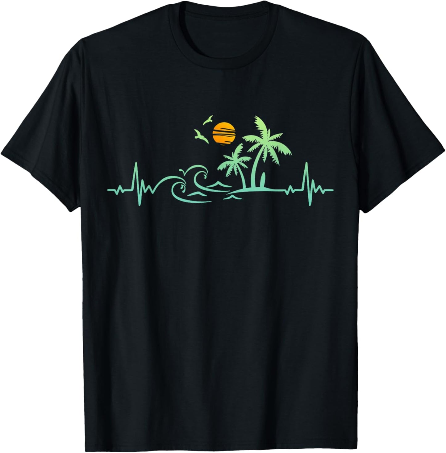 Heartbeat Palm Tree Retro Tropical Beach Island Trees Funny T-Shirt - T-Shirt | Black