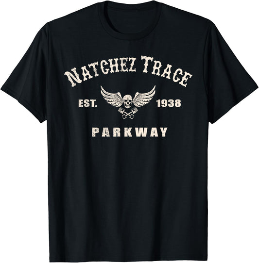 Natchez Trace Parkway Motorcycle Biker Ride Trail Distressed T-Shirt - T-Shirt | Black