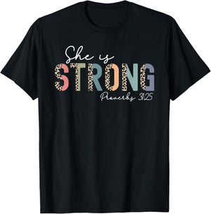 She Is Strong Proverbs 31:25 Bible Verse Christian Woman T-Shirt - T-Shirt | Black