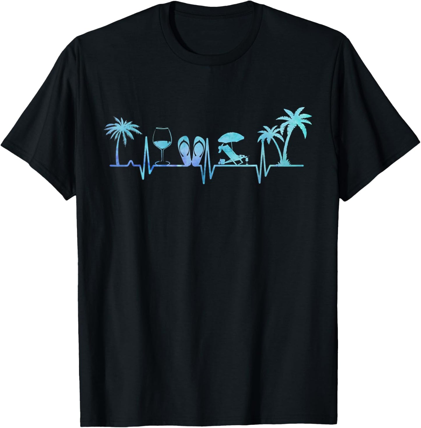 Heartbeat Palm Tree Wine Glass Flipp Flop Summer Lover Men Women T-Shirt - T-Shirt | Black