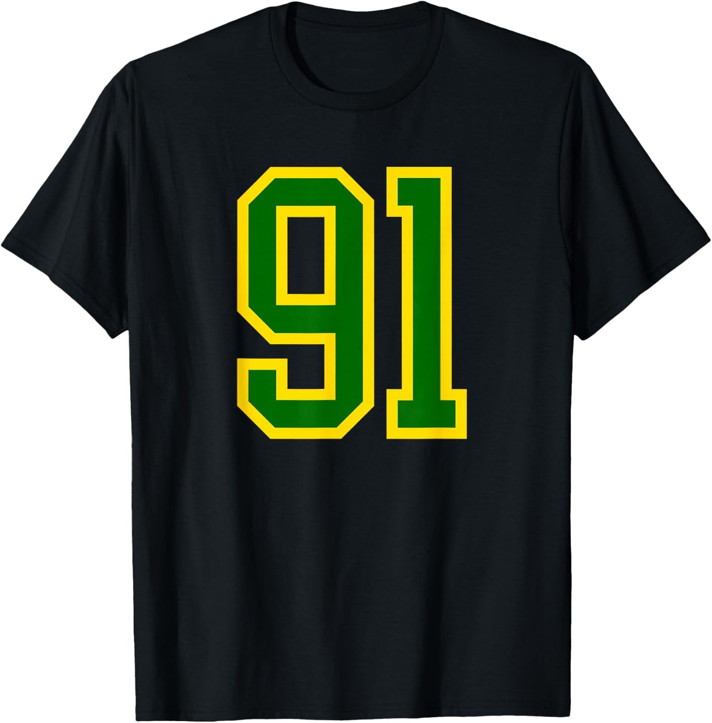 Green Yellow Sports Team Number #91 T-Shirt - T-Shirt | Black