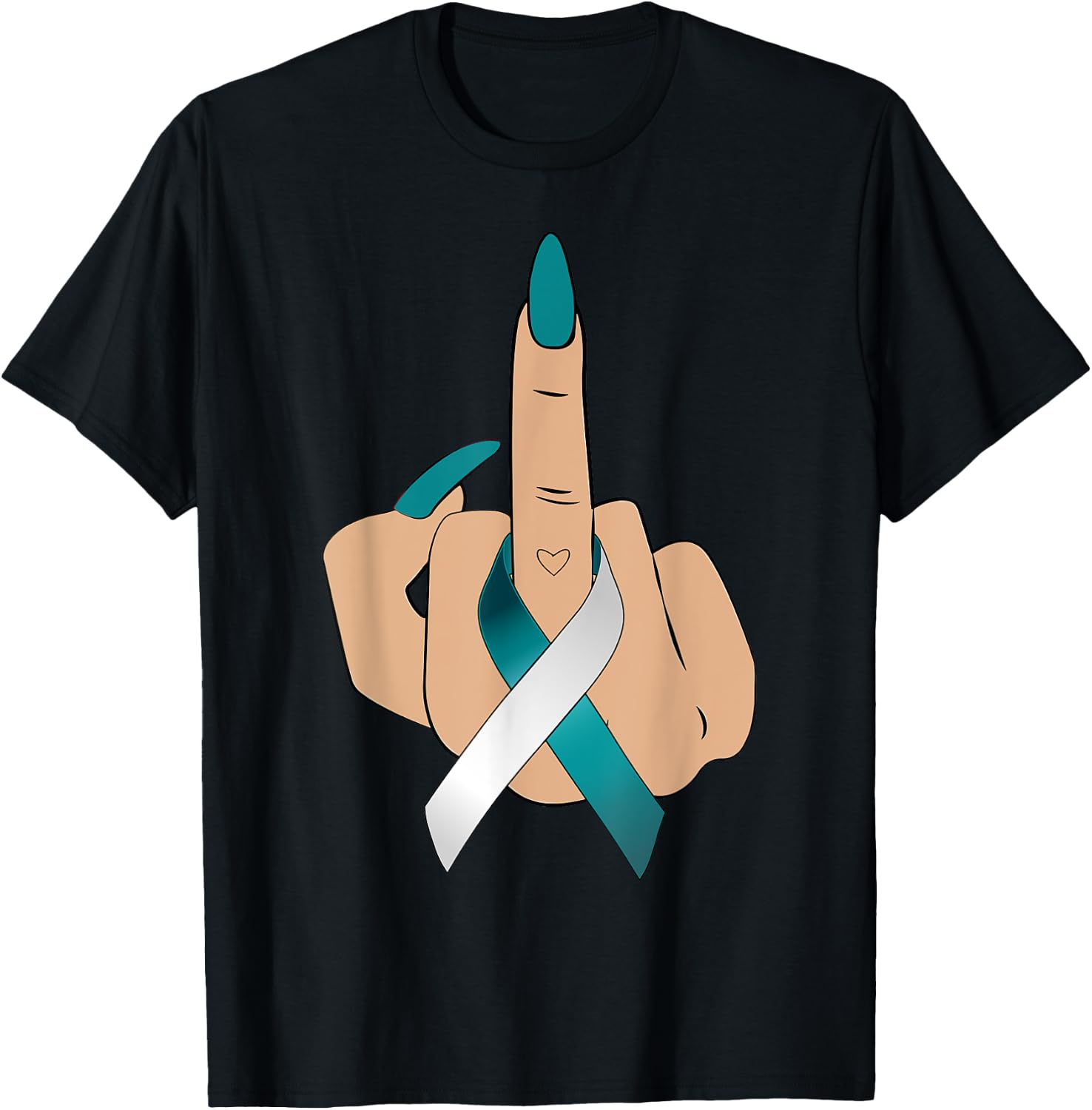 Middle Finger Woman Teal White Ribbon Cervical Cancer Women T-Shirt - T-Shirt | Black