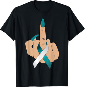 Middle Finger Woman Teal White Ribbon Cervical Cancer Women T-Shirt - T-Shirt | Black