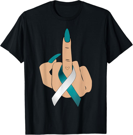 Middle Finger Woman Teal White Ribbon Cervical Cancer Women T-Shirt - T-Shirt | Black