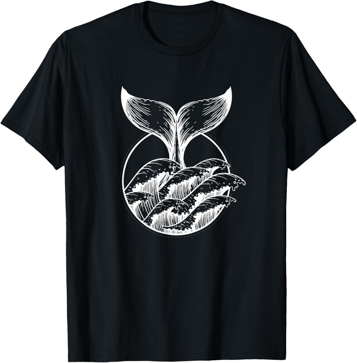 Whale Tail Breach Sea Ocean Waves Line Art Girls Kids Men T-Shirt - T-Shirt | Black