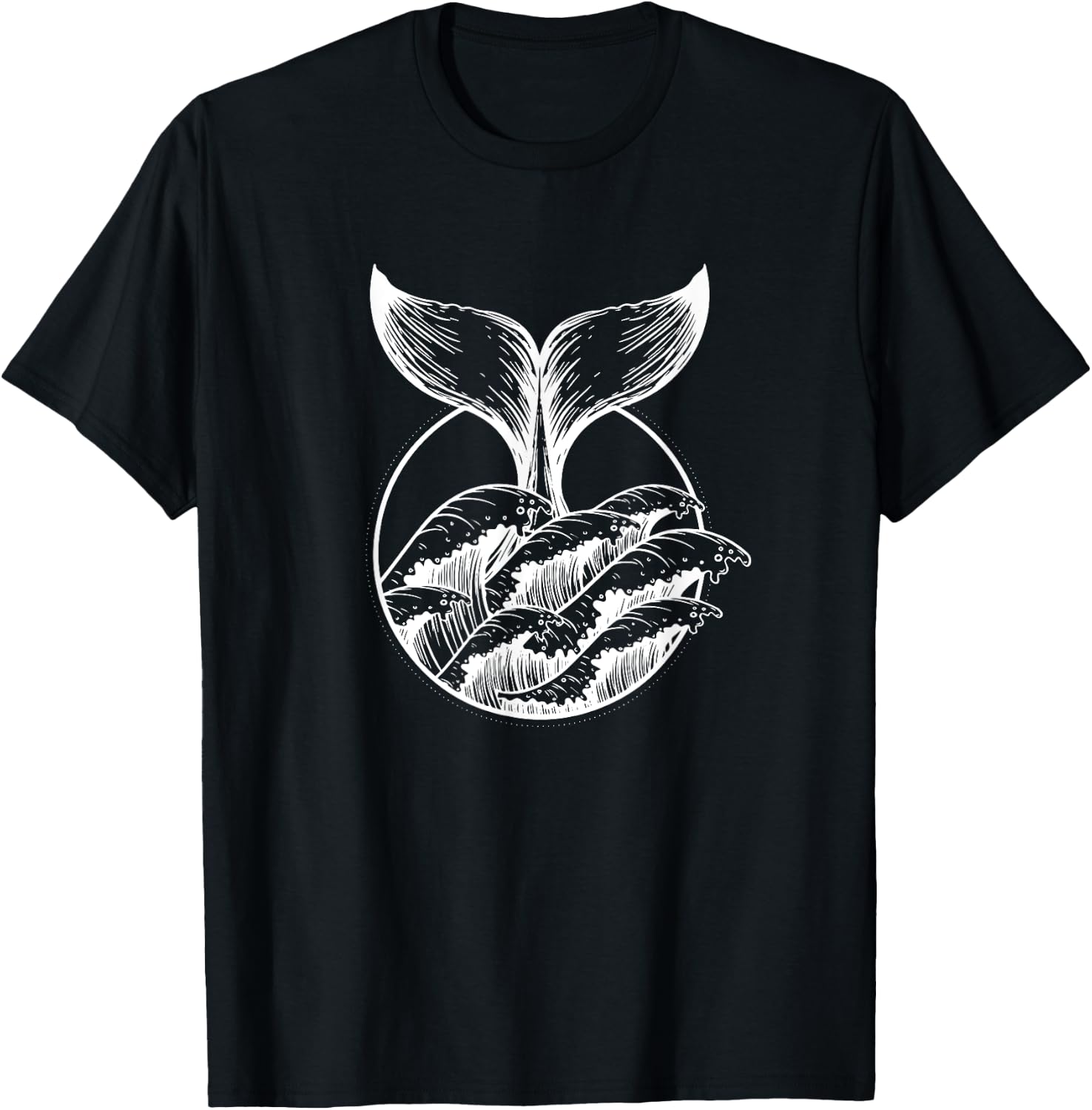 Whale Tail Breach Sea Ocean Waves Line Art Girls Kids Men T-Shirt - T-Shirt | Black