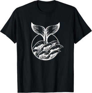 Whale Tail Breach Sea Ocean Waves Line Art Girls Kids Men T-Shirt - T-Shirt | Black