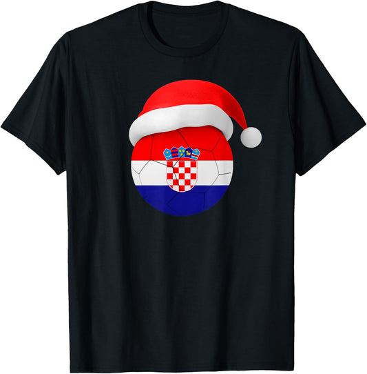 Croatia Soccer Shirt Santa Hat Croatian Flag Soccer Ball T-Shirt - T-Shirt | Black