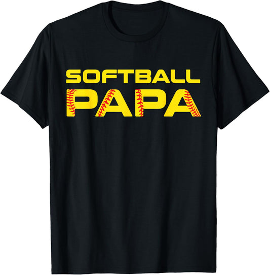 Yellow Print Softball Papa T-Shirt - T-Shirt | Black