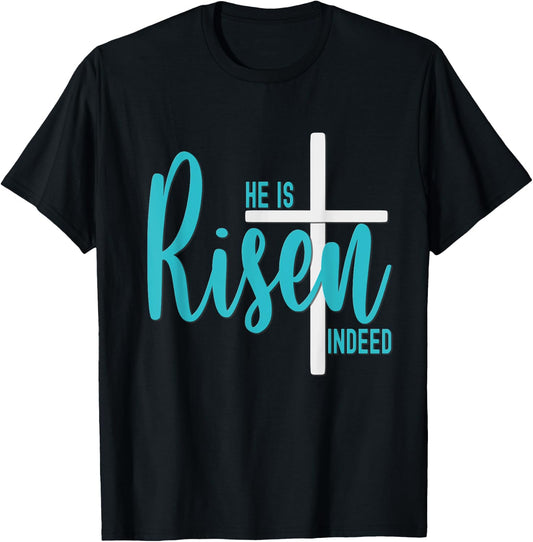 Easter He Is Risen Indeed Matthew 28 6 Christian Cross Teal T-Shirt - T-Shirt | Black