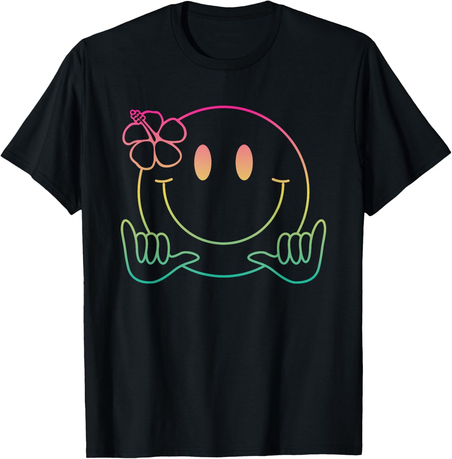Hibiscus Shaka Smile Face Rainbow Happy Face Aloha Hawaiian T-Shirt - T-Shirt | Black