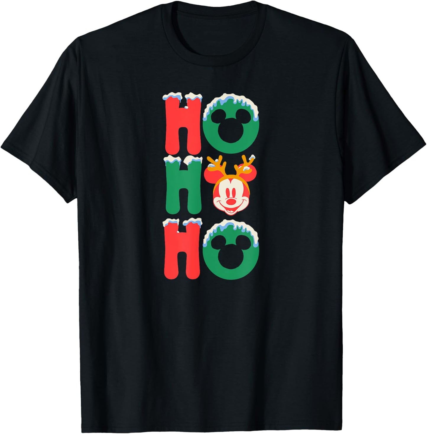 Amazon Essentials Men's Mickey Mouse Ho Ho Ho Snowy Christmas Antlers , Black Graphic Print, Small T-Shirt - T-Shirt | Black