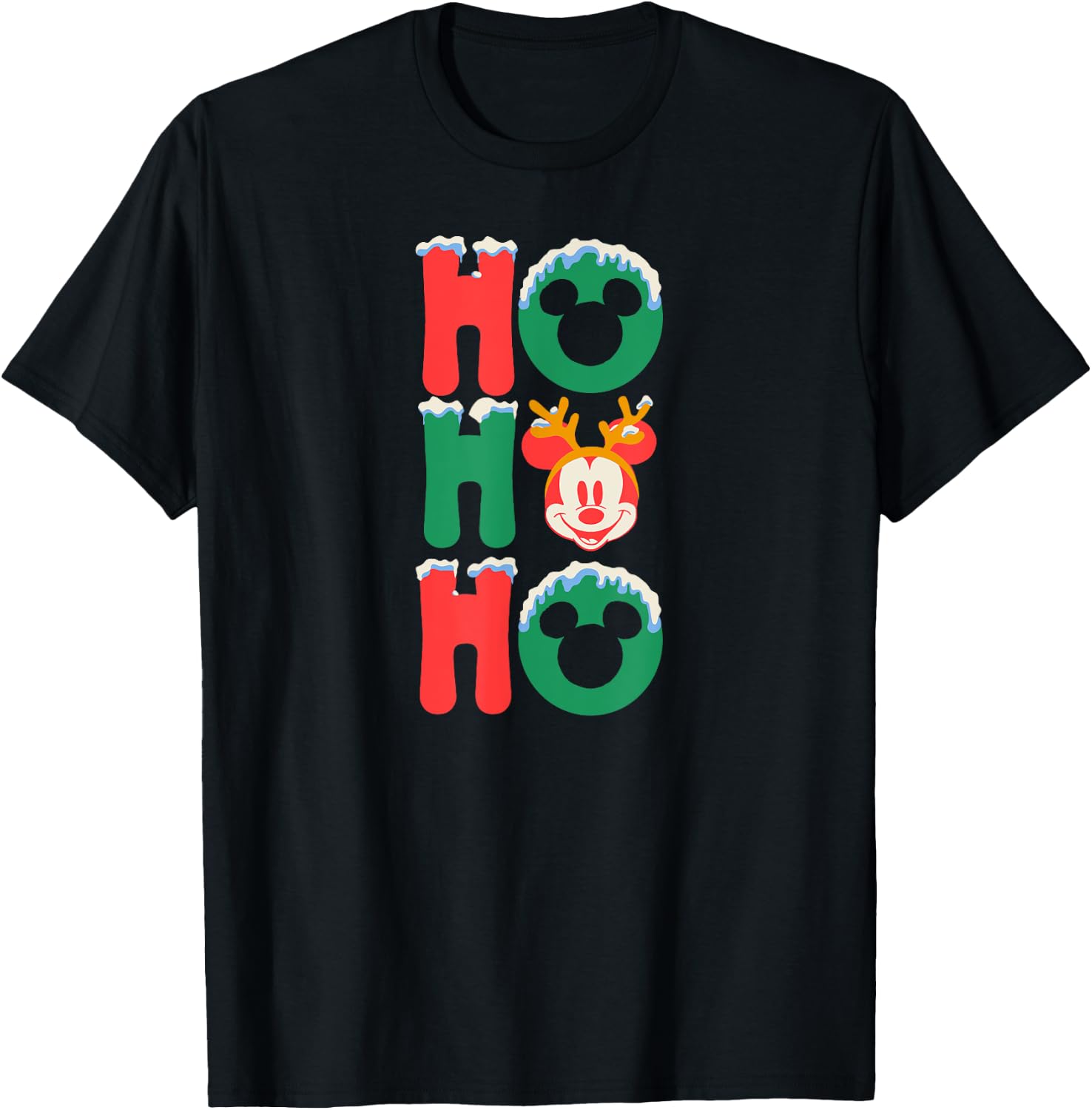Amazon Essentials Men's Mickey Mouse Ho Ho Ho Snowy Christmas Antlers , Black Graphic Print, Small T-Shirt - T-Shirt | Black