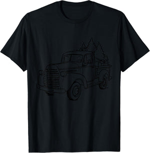 Vintage Wagon Christmas Shirt Tree on Car Xmas red Truck T-Shirt - T-Shirt | Black