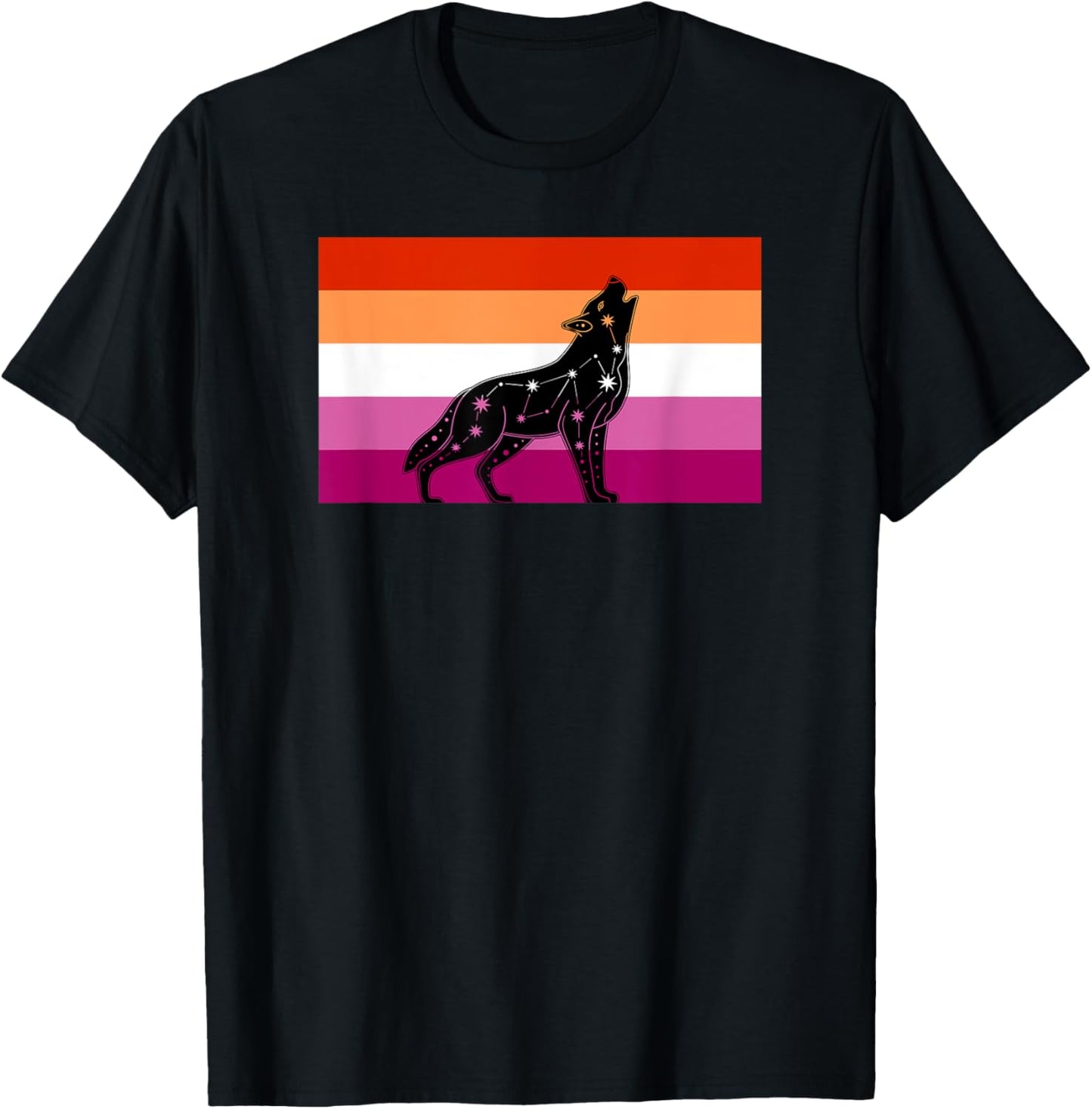 Celestial Wolf Lesbian Pride Flag Tribal Galaxy Aesthetic T-Shirt - T-Shirt | Black