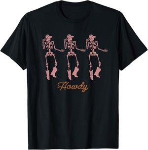 Retro Howdy Skeleton Cowgirl Dancing Cowboy Boots Horse T-Shirt - T-Shirt | Black