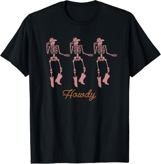 Retro Howdy Skeleton Cowgirl Dancing Cowboy Boots Horse T-Shirt - T-Shirt | Black