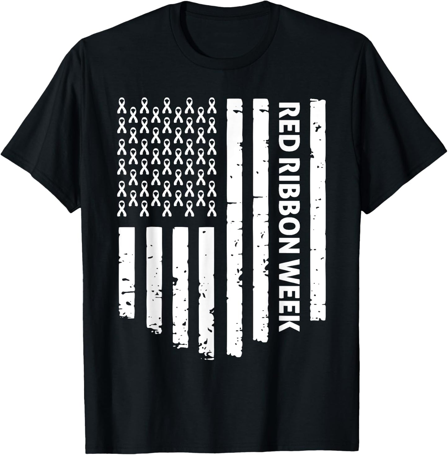 Red Ribbon Week Awareness American Flag Vintage Distressed T-Shirt - T-Shirt | Black