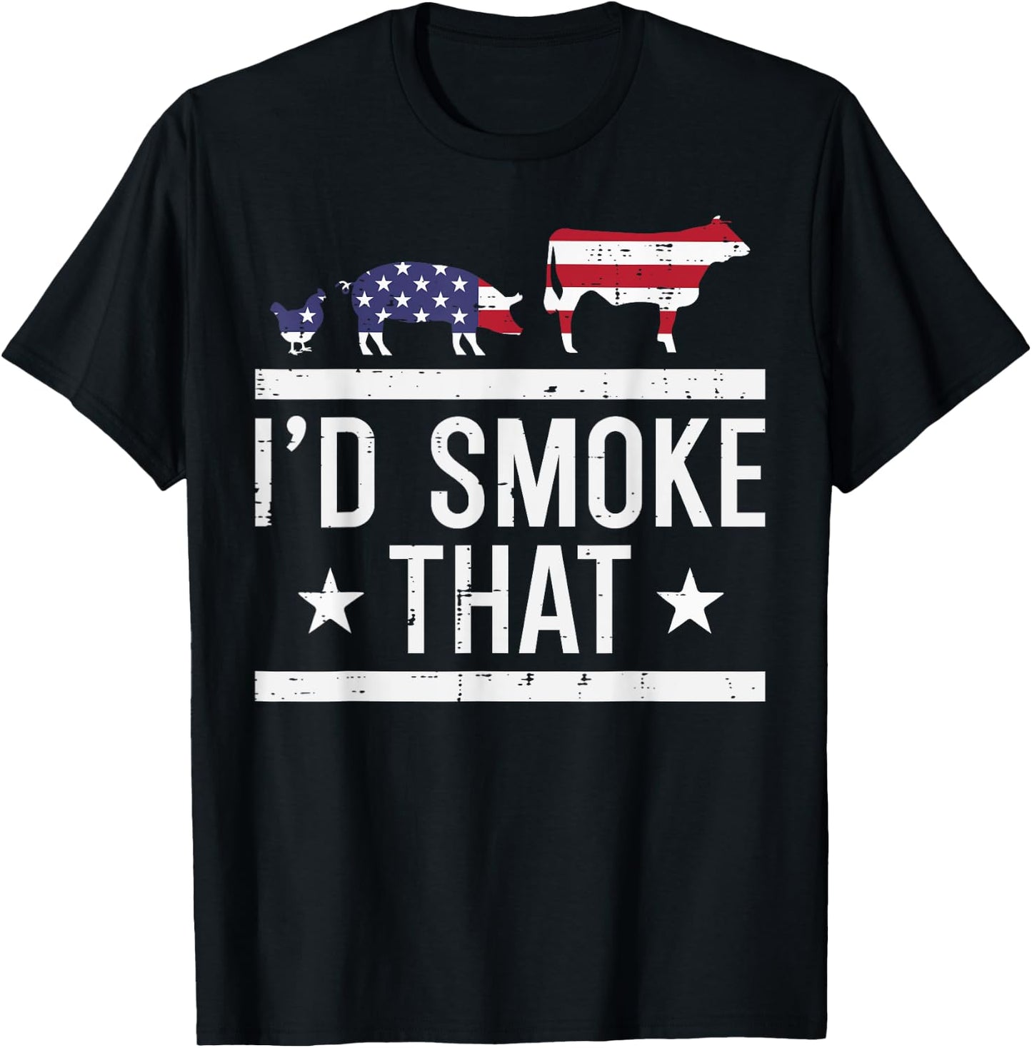 Id Grill That Chicken Pig Cow US Flag Bbq Barbecue 4th July T-Shirt - T-Shirt | Black
