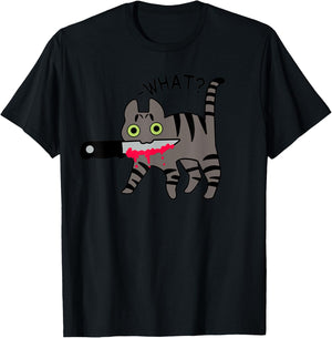 Cat What? Murderous Grey Tabby Cat With Knife Halloween Women T-Shirt - T-Shirt | Black