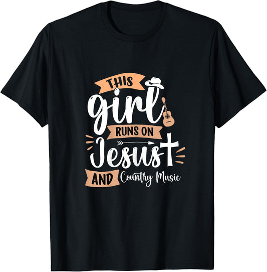 This Girl runs on Jesus and Country Music Christian Girls T-Shirt - T-Shirt | Black