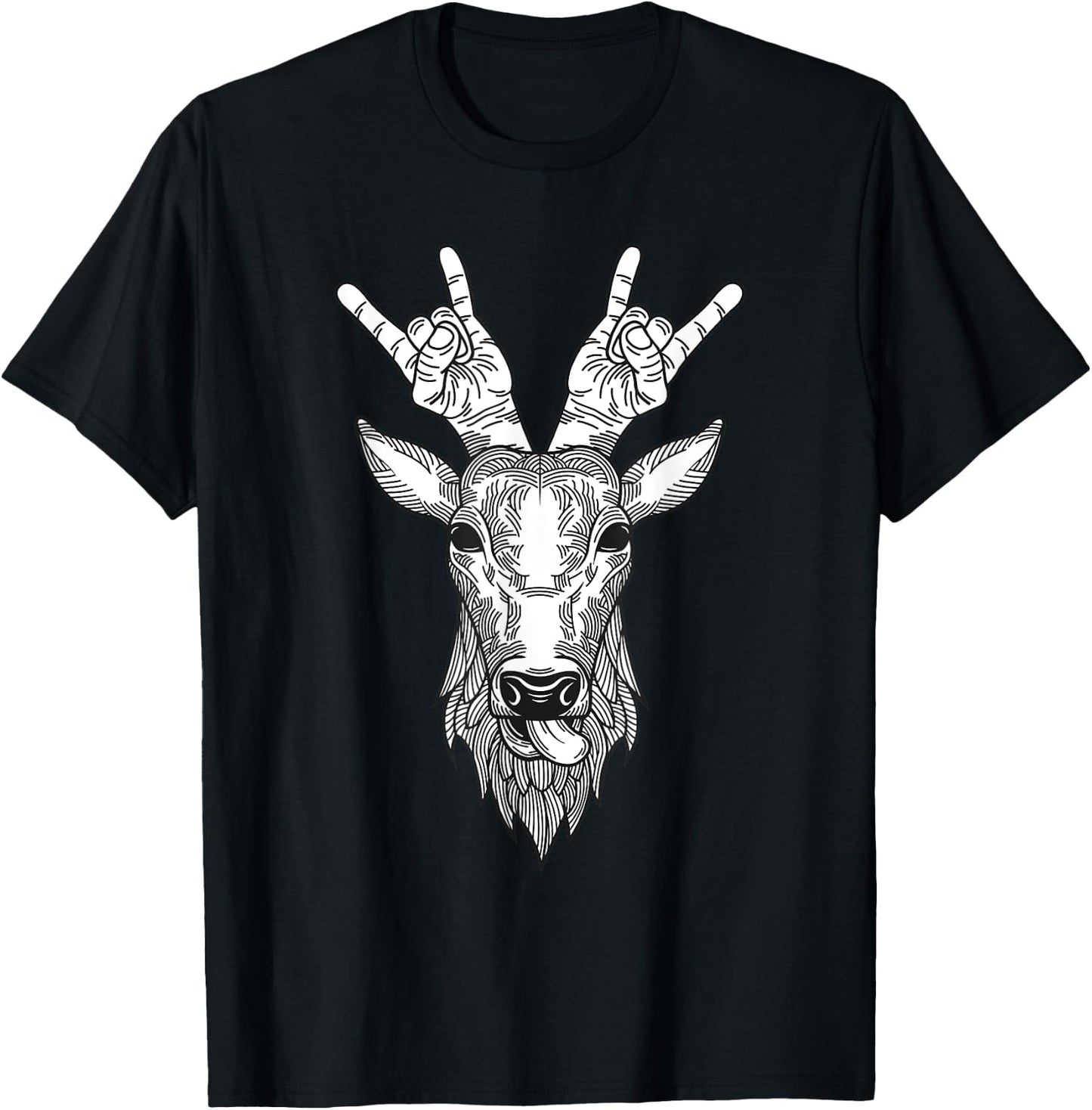 Funny Deer Head Hand Horns Rock And Roll Band Hunter Outfit T-Shirt - T-Shirt | Black