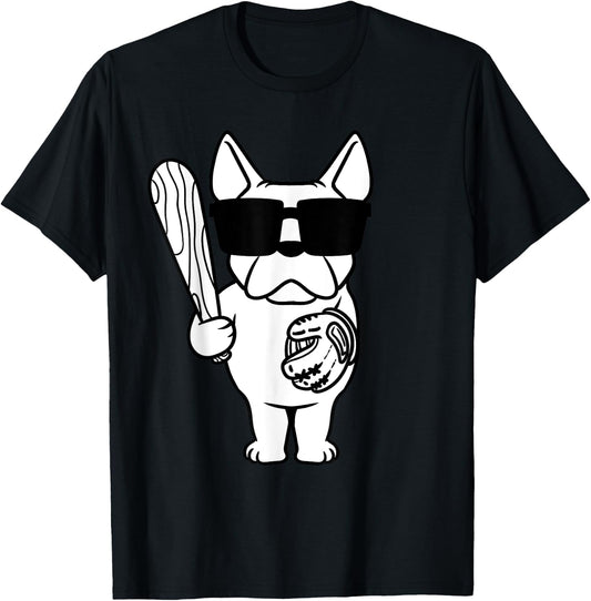 French Bulldog Dog With Baseball Bat And Glove Baseball Women Girls Kids T-Shirt - T-Shirt | Black