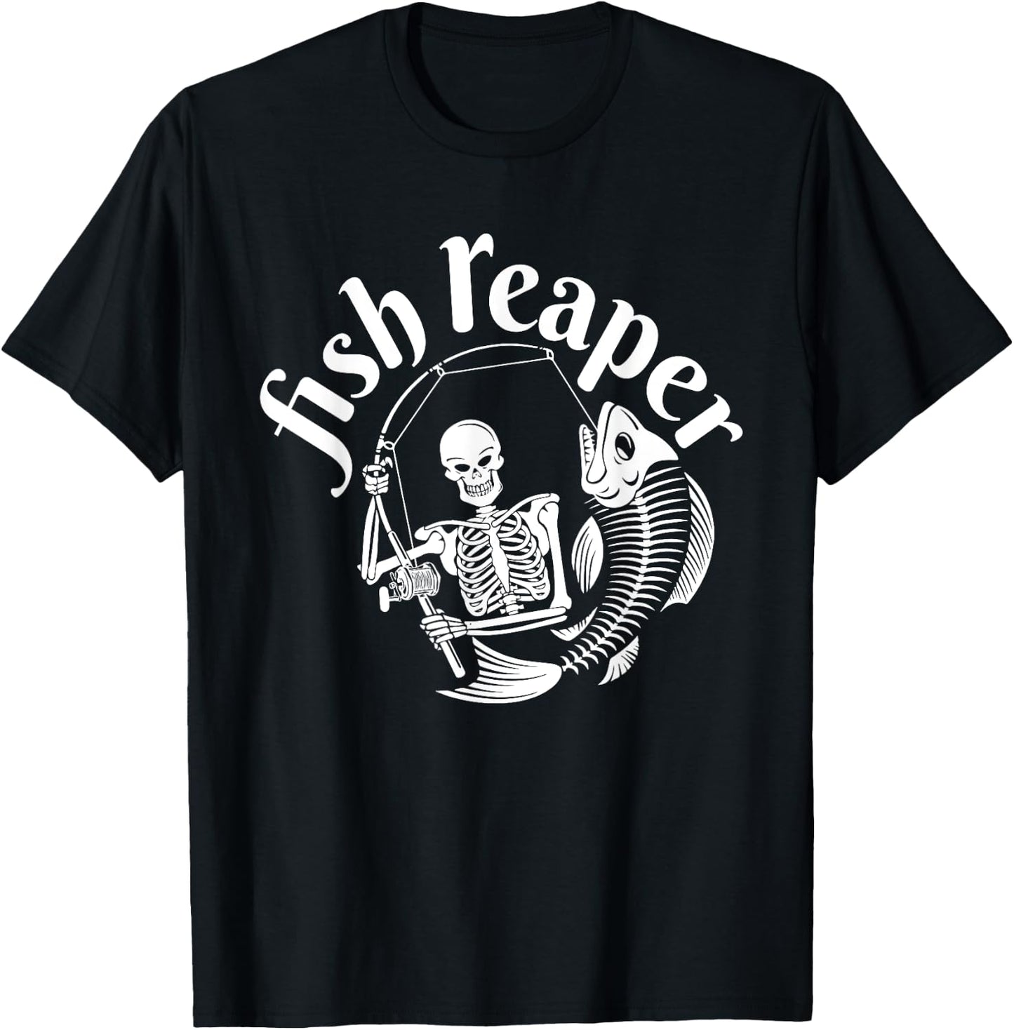Fish Reaper Funny Skeleton Fisherman Halloween Angler T-Shirt - T-Shirt | Black