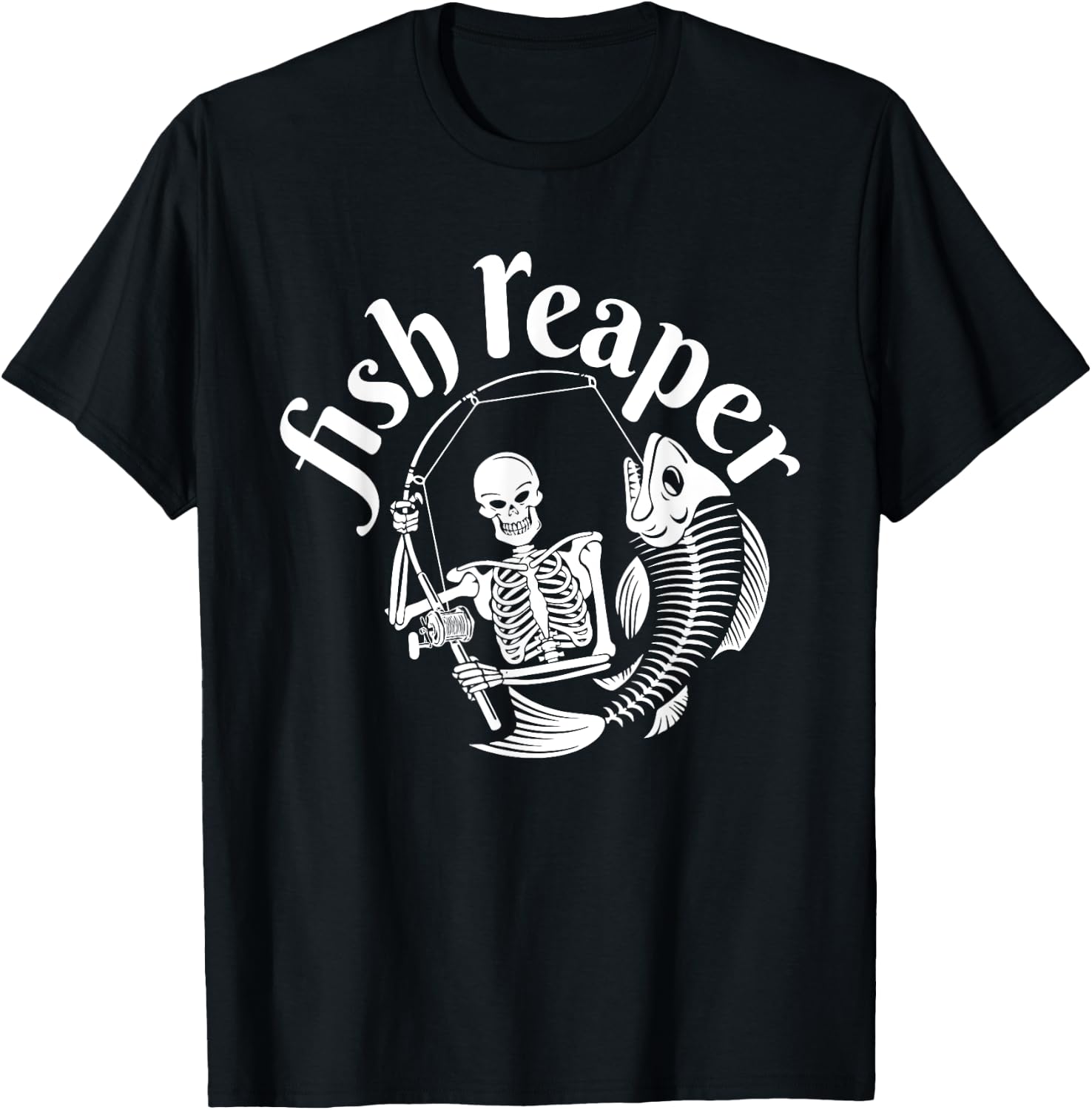 Fish Reaper Funny Skeleton Fisherman Halloween Angler T-Shirt - T-Shirt | Black
