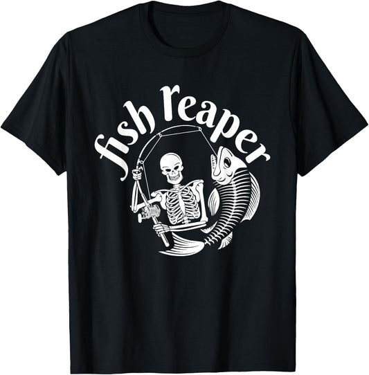 Fish Reaper Funny Skeleton Fisherman Halloween Angler T-Shirt - T-Shirt | Black