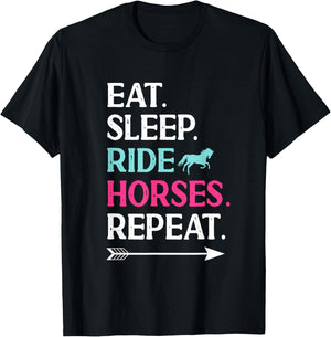 Horse Riding Eat Sleep Ride Horses Repeat For Girls T-Shirt - T-Shirt | Black