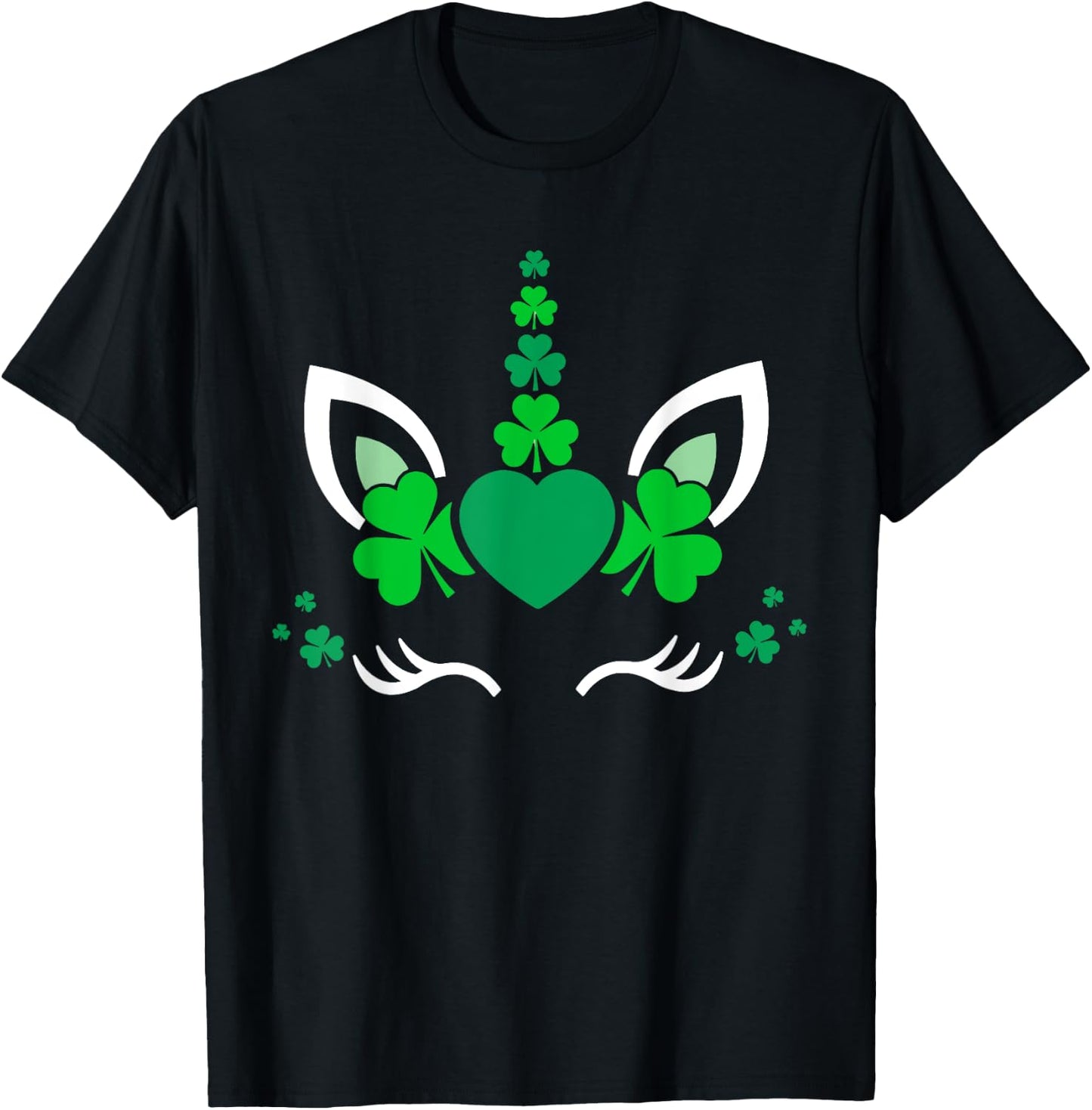 Unicorn Face St Patricks Day Irish Shamrock Women Girls Kids T-Shirt - T-Shirt | Black