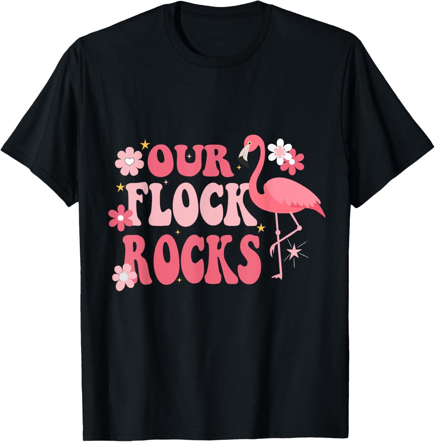 Our Flock Rocks Flamingo Mother's Day Groovy T-Shirt - T-Shirt | Black