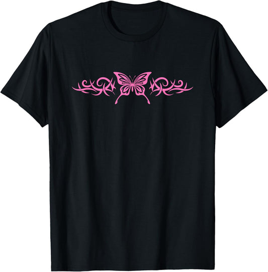 Pink Butterfly Tattoo Harajuku Grunge Egirl y2k Aesthetic T-Shirt - T-Shirt | Black