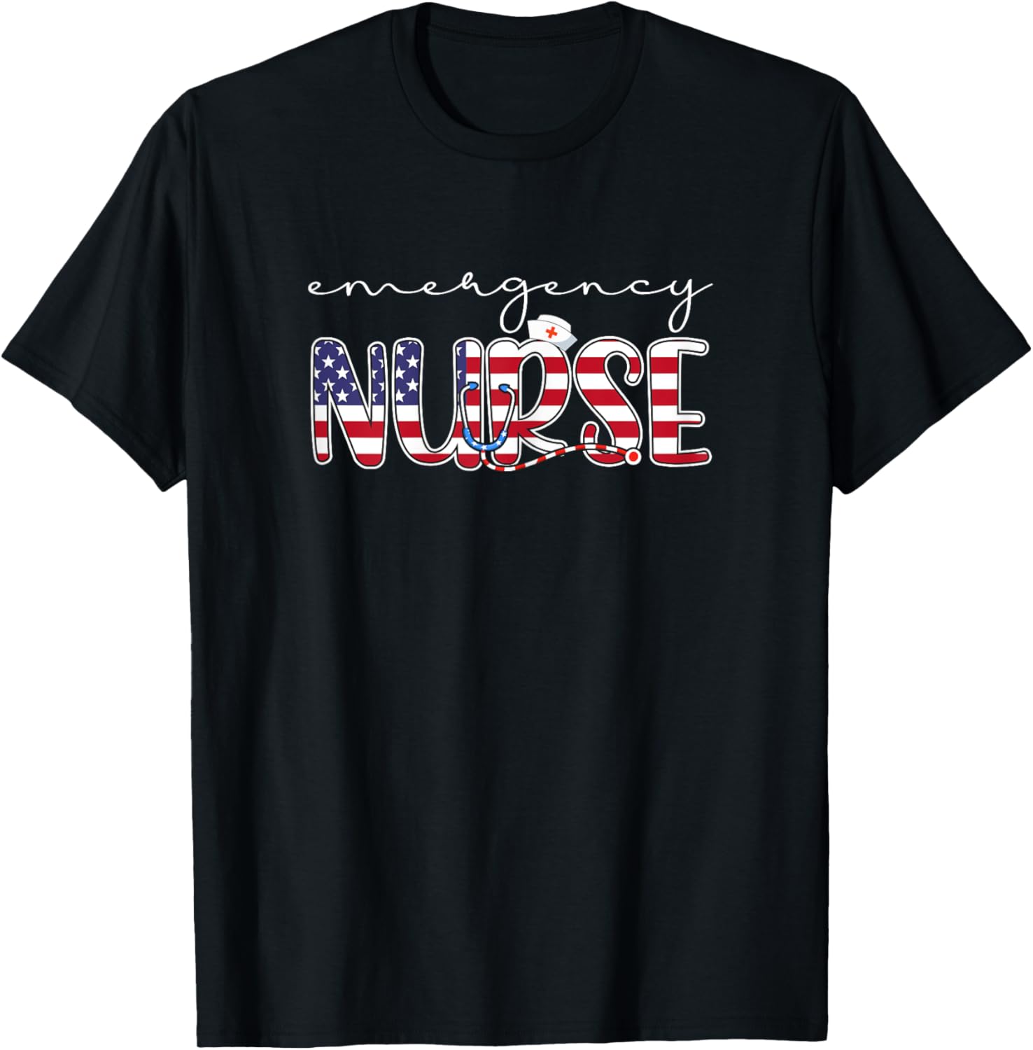 Emergency Nurse American Flag Patriotic Er Nurse 4th Of July T-Shirt - T-Shirt | Black