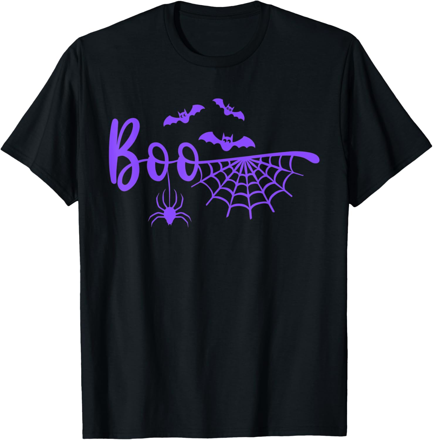Boo with Web, Spider, and Bats in purple Halloween T-Shirt - T-Shirt | Black
