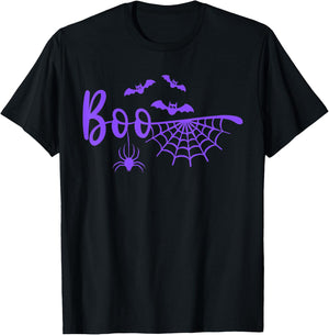 Boo with Web, Spider, and Bats in purple Halloween T-Shirt - T-Shirt | Black
