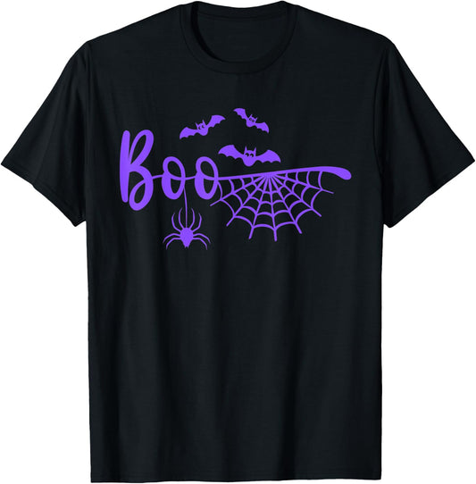 Boo with Web, Spider, and Bats in purple Halloween T-Shirt - T-Shirt | Black