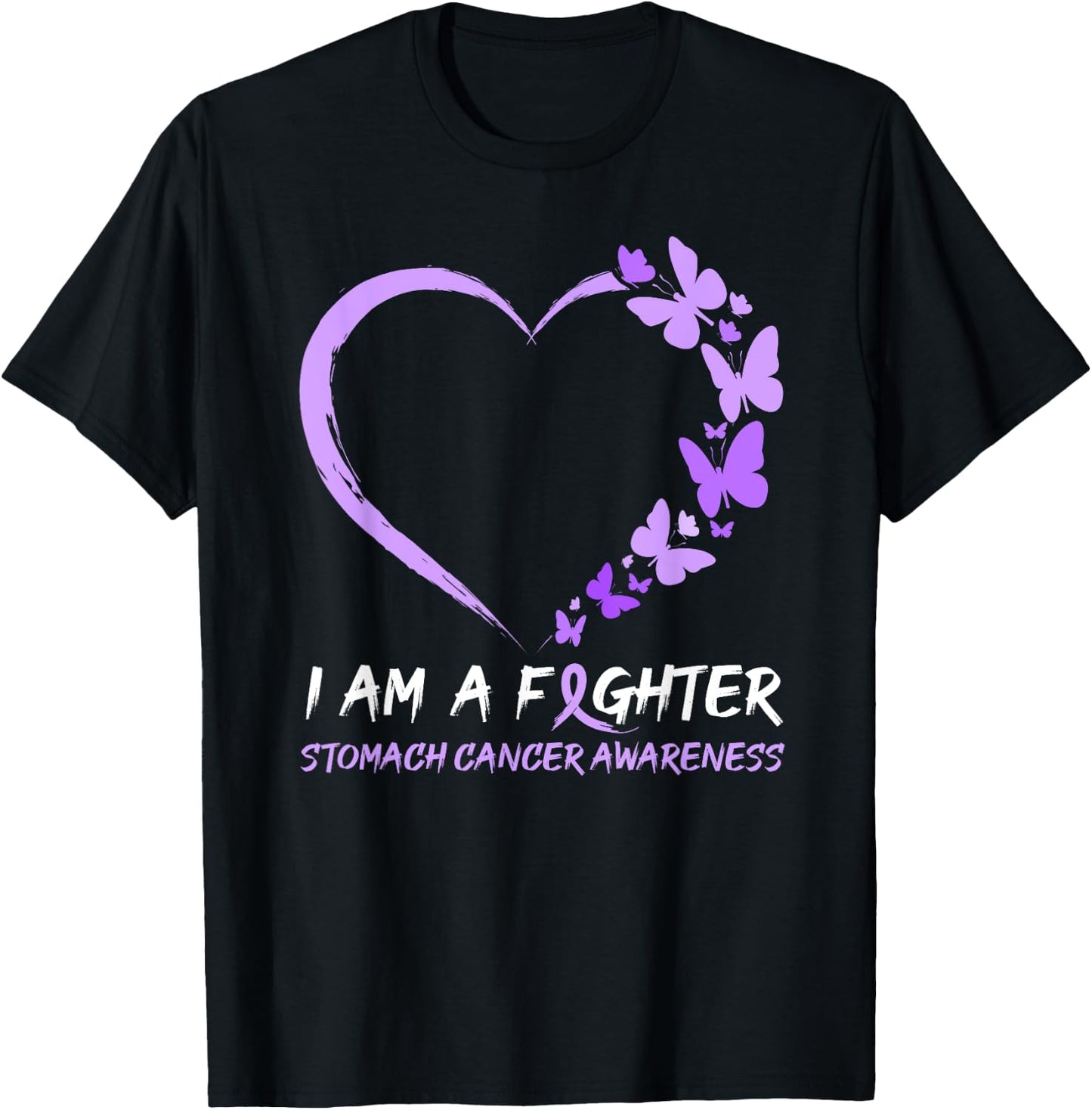 Butterfly Heart I Am A Fighter Stomach Cancer Awareness T-Shirt - T-Shirt | Black