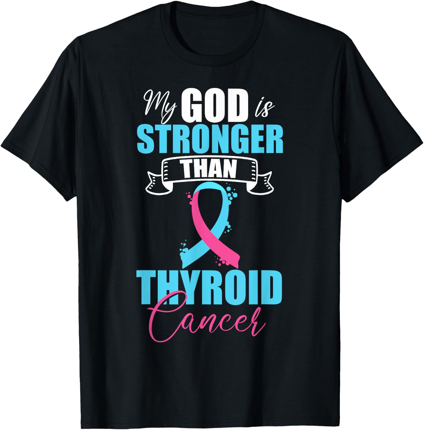 Thyroid Cancer Pink Purple Teal Ribbon Survivor Fighter T-Shirt - T-Shirt | Black