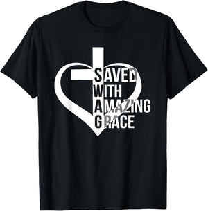 Saved With Amazing-Grace Swag Christian Faithcross Heart T-Shirt - T-Shirt | Black