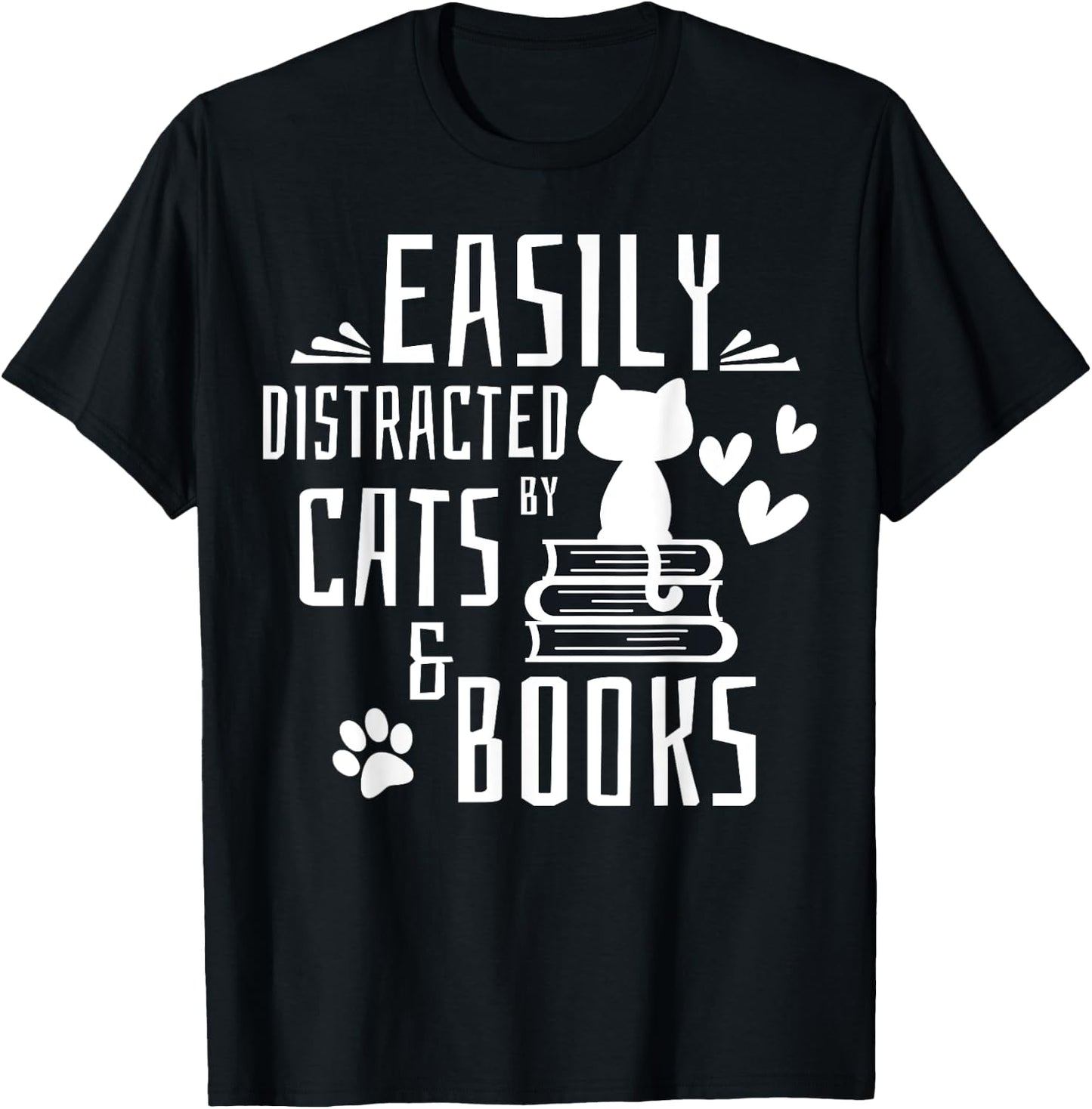 Easily Distracted By Cats And Books Gifts Kids Girls Boys T-Shirt - T-Shirt | Black