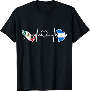 Mexico Nicaragua Flag - Mexican Nicaraguan HeartBeat T-Shirt - T-Shirt | Black
