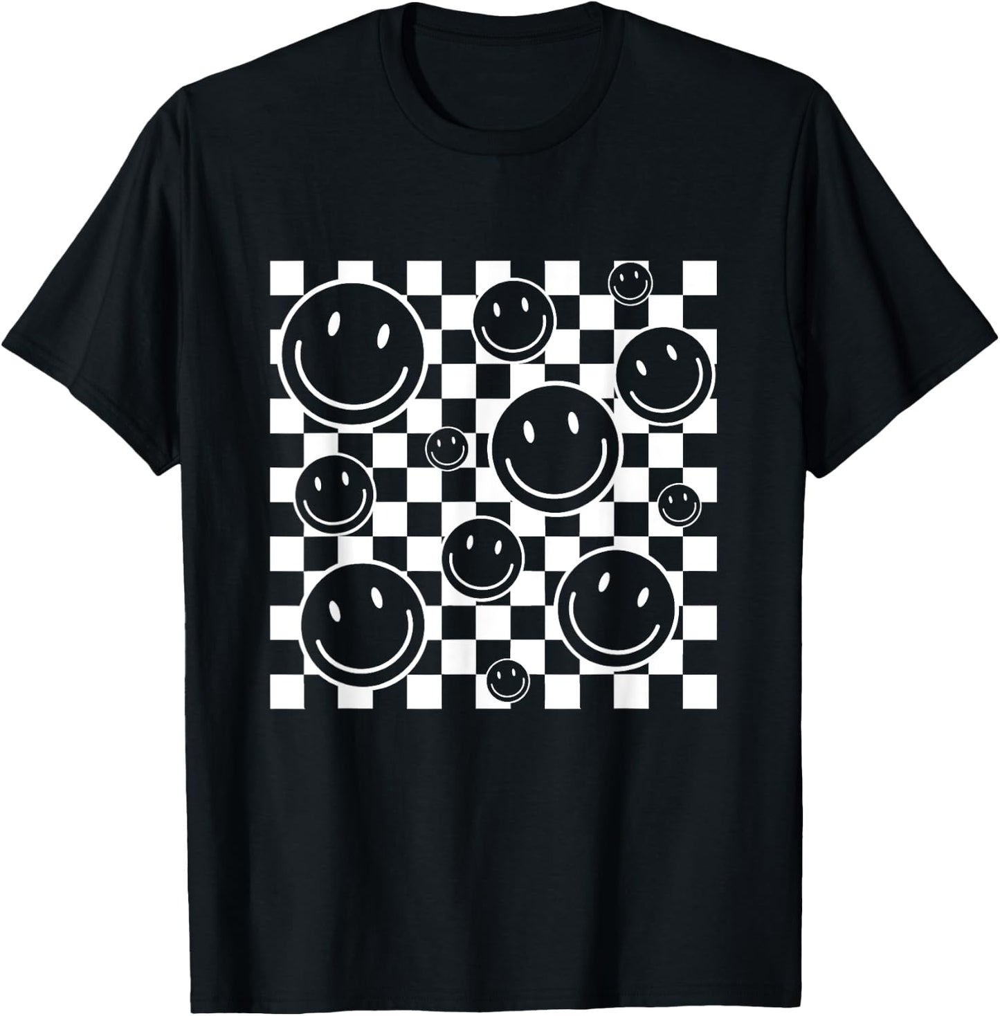 Retro Happy Face Checkered Flag Pattern Men Kids T-Shirt - T-Shirt | Black