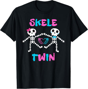 Skele Cute Twins Halloween Two Horror Skeletons Lover Family T-Shirt - T-Shirt | Black