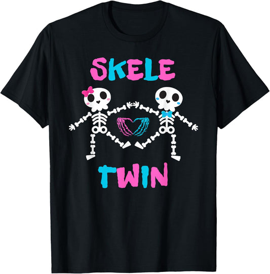 Skele Cute Twins Halloween Two Horror Skeletons Lover Family T-Shirt - T-Shirt | Black