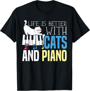 Life Is Better With Cats And Piano Player Pianist T-Shirt - T-Shirt | Black