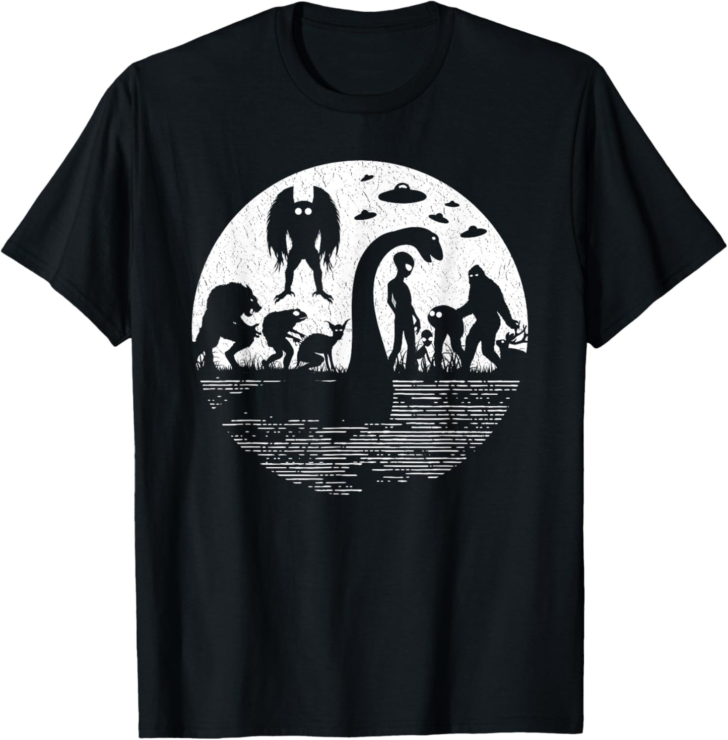 Bigfoot Loch Ness Monster Mothman And Aliens! Funny Cryptid T-Shirt - T-Shirt | Black