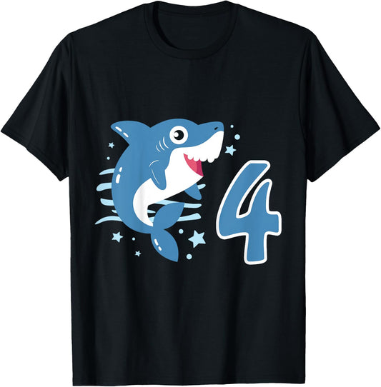Kids 4th Birthday Boys Shark 4 years Old Ocean Shark B-day T-Shirt - T-Shirt | Black